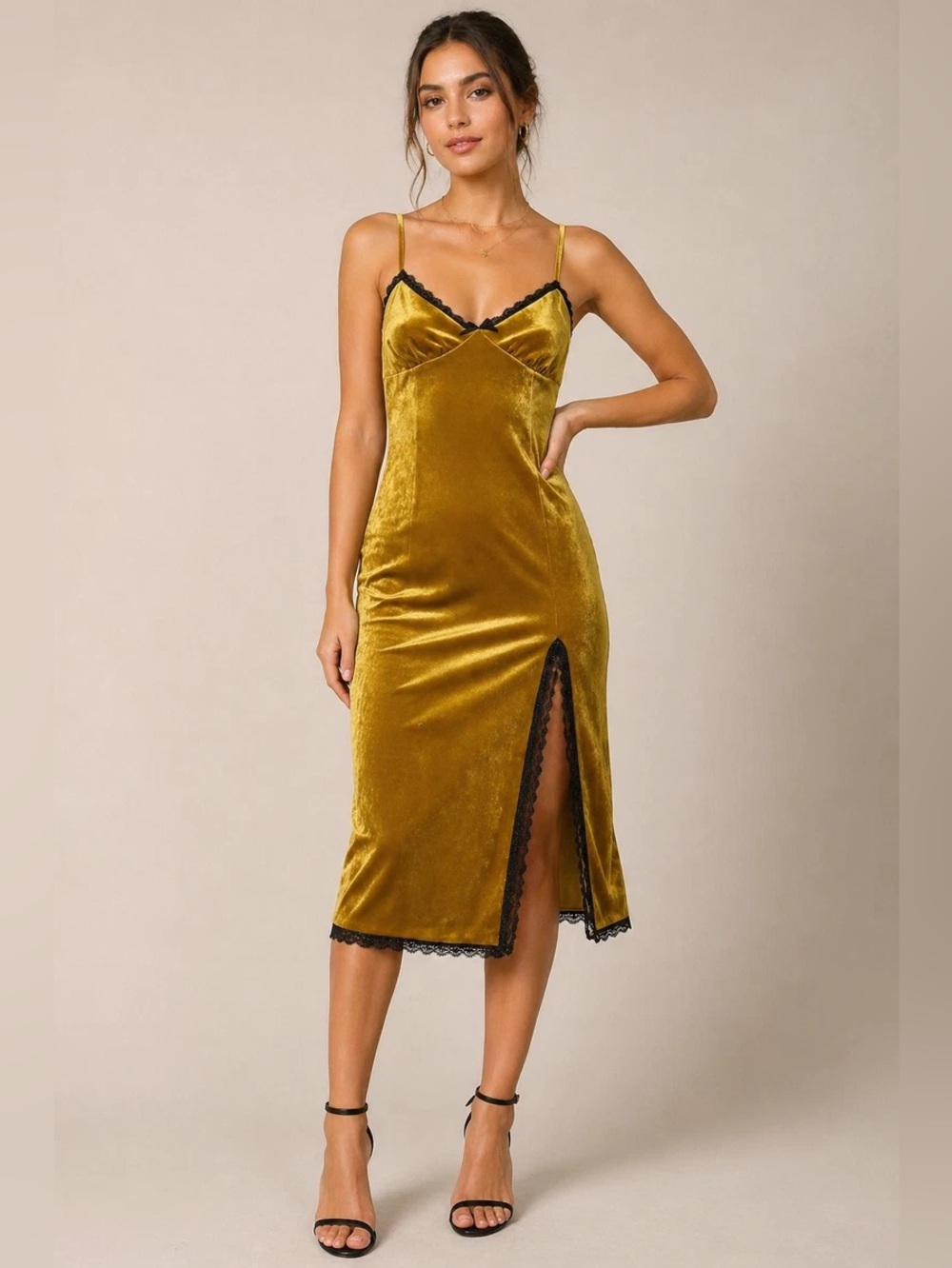 Olive and Gold Velvet and Lace Slip Dress